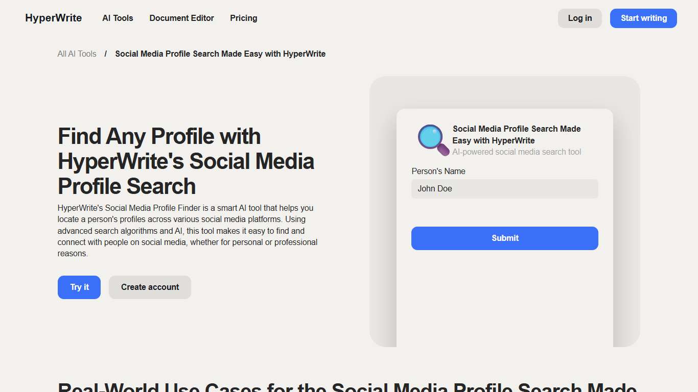 Social Media Profile Search Made Easy with HyperWrite AI-powered social media search tool HyperWrite AI Writing Assistant